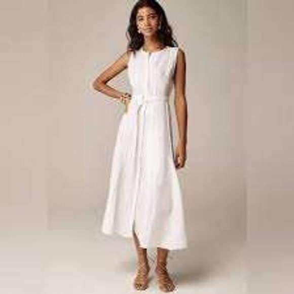 J.Crew Dresses & Skirts - J.Crew White Linen Sleeveless Midi Dress XL Belted Pintuck Shirt Dress w Slip